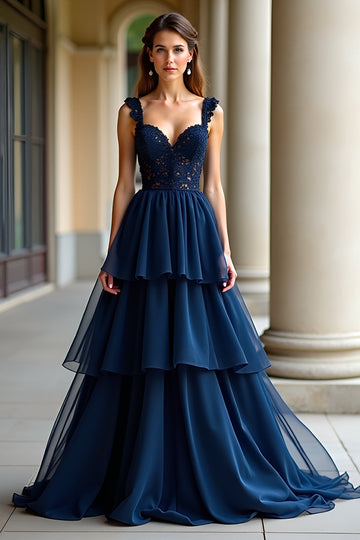 Navy A Line Spaghetti Stropper Lagdelt Blonder Lang Ballkjole